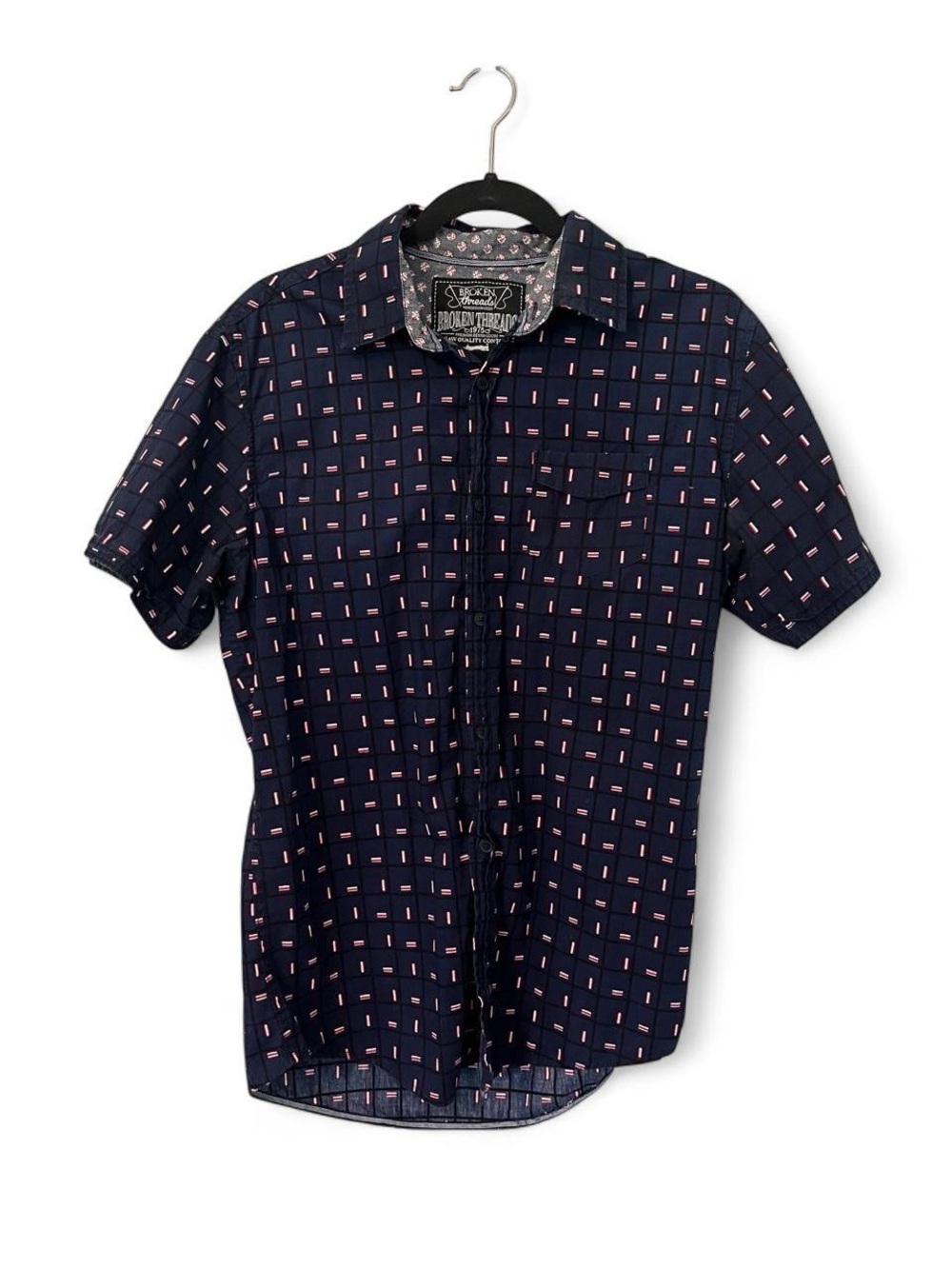 Broken Threads Navy Short-Sleeve Button-Up Shirt with Square Print